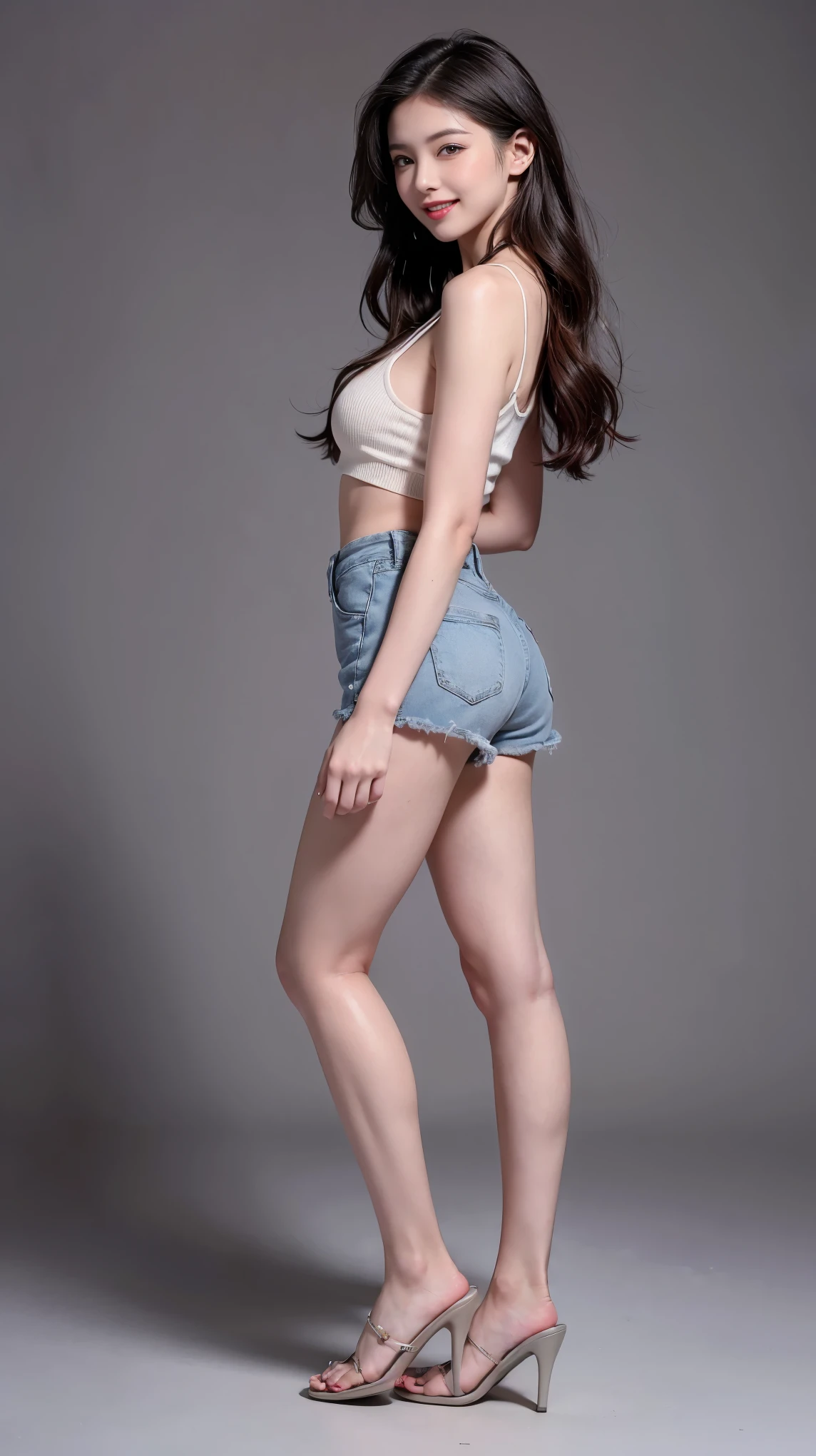  A pure white skin woman , Wearing denim shorts and high heels , sitting in missionary position  ,and posing in romantic way, exposed navel, arching , wide spread legs , hands on chest, thick thighs, High waisted