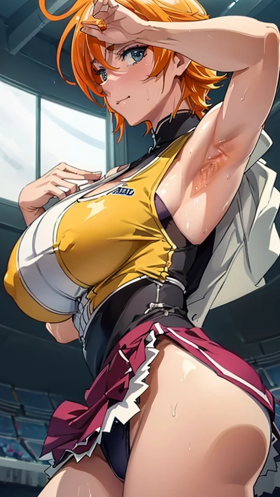 a close up of a person wearing a basketball uniform, a picture, inspired by Kentaro Miura, trending on pixiv, Rangiku Matsumoto, Bleach, wearing yellow nba jersey, yellow croptop nba jersey, wearing a low cut croptop, wearing croptop, croptop, the words "Lakers" written on the croptop, golden raito, (winking), shirobako, large, favorite scene, fine details. anime. skins, sweating, big breasts, both hands raised, armpits, armpits visible, dripping with sweat, more more sweat, sweaty armpits, shiny skin, shiny hair, in the center, (up close:1.5), arm up, (from below:1.5), (from side:1.5), armpit, (armpit into viewer's face:1.5), (looking at viewer:1.5), (eye contact with viewer:1.5), smile, closed mouth.