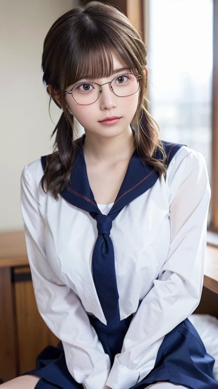 Sitting with legs crossed,1 girl, Very bright backlight,alone, {Beautiful and detailed}, (ベッドにLying写真), Very beautiful big (Huge :1.5) And a small waist ((Press the chest)) ,Big Brexpression, Natural soft light,, Delicate features, Blunt bangs, Beautiful Japanese Girl, 18-year-old, ((Seductive pose)), attractive figure,(Blonde), Light grain, Real Hands, masterpiece, highest quality, Realistic, Very detailed, In detail, High resolution,Beautiful Hair, Perfect dynamic composition, Beautiful and beautiful eyes, Japanese Idols,((I'm nervous and embarrassed)),Sharp focus, beauty mix, (Sailor suit:1.3),Movie Girl,Exhibitionism,Showing off,(short hair:1.5),(Curly Hair),(shameful),(Glasses),Intellectual atmosphere,student,shirt,skirt,tie,Button open,glossyy,Shyness,Lying,Lyidown,(Hair tied back),(Health Room)(Twin tails)