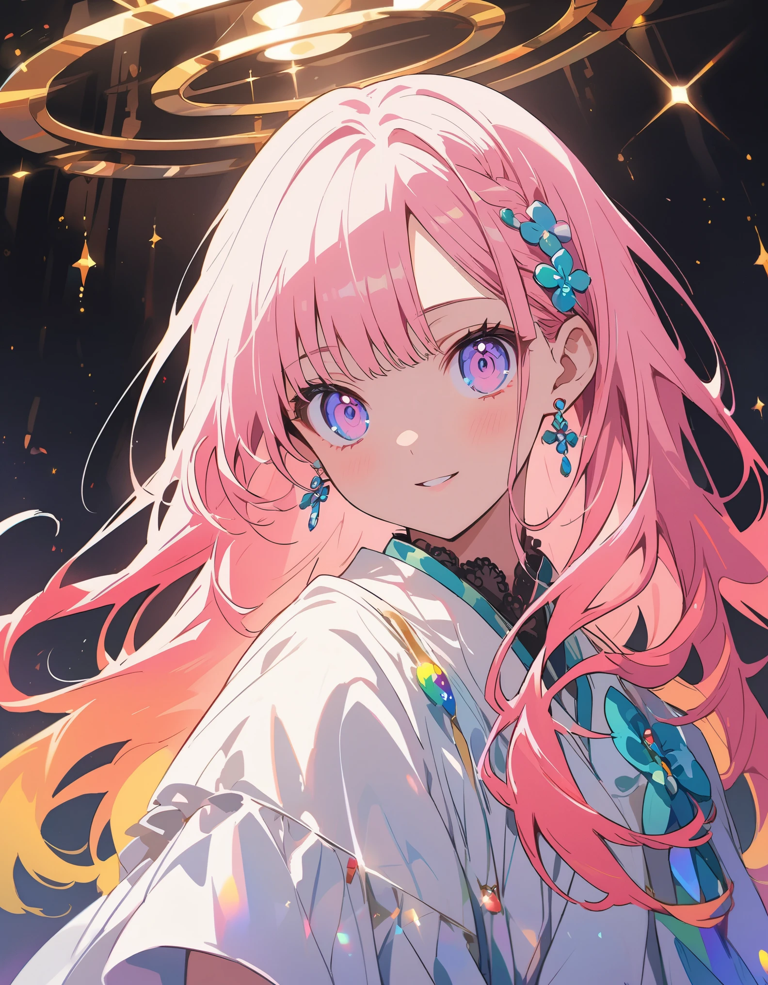 A high-quality hologram trading card depicting an anime-style girl, with glitter, mother-of-pearl, and a black background around the card, clear coloring, and colorful、(highest quality、masterpiece、High resolution、detailed)、animeスタイル、Flat Style、(Beautiful Eyes, Delicate and beautiful face, ), BREAK,extremely detailed、(The Shining), Best lighting, Best Shadow、floating, (High saturation), (Shine), Focus on the face, Dynamic Angle、anime