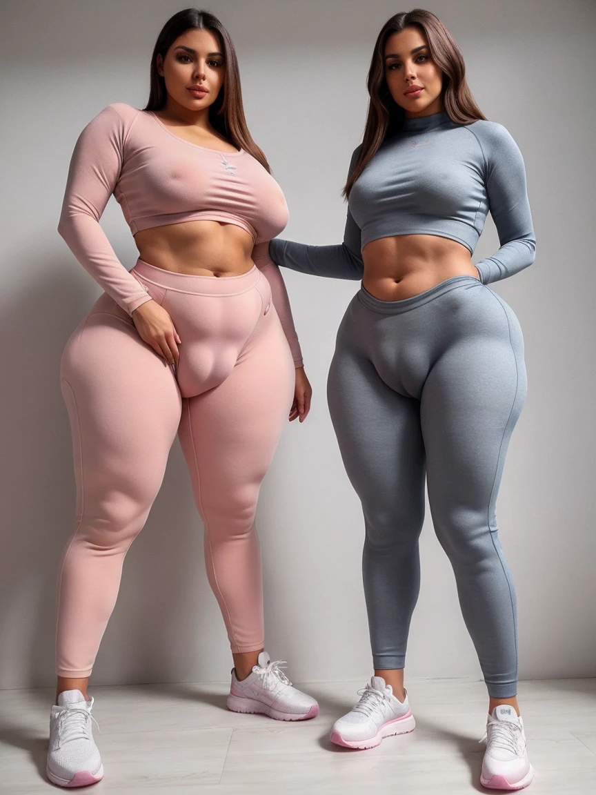 full body photograph of a beautiful woman (((Mother and daughter:1.2))), ((huge each other)), Tight shorts, long sleeve spandex shirt, and sneakers. Very detailed, matte skin, pores, 4K, natural, realistic, photograph, photorealistic. Curvy body shape, cleveage, huge breast, wide hips, thin waist, sexy belly, thick legs, huge booty, round shape butt, ((cameltoe pussy)), ((pussy expose)), ((front body view))