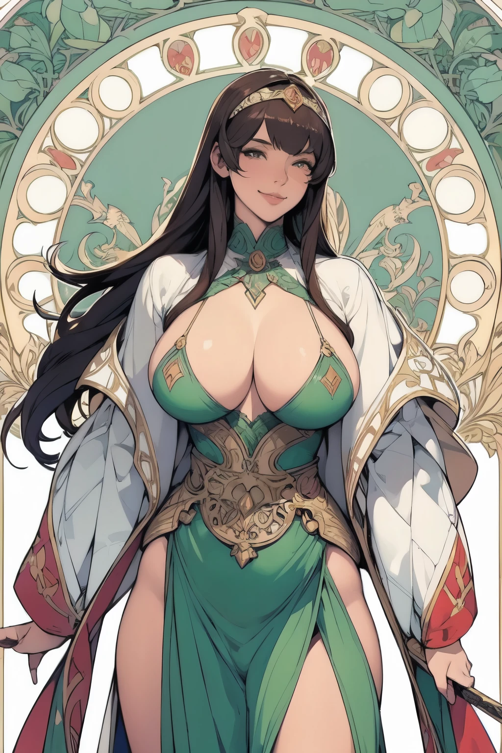 Mucha's style,Big-breasted girl with a full view of her pussy,Sexy poses,Arcaniic smile,(Medieval female knight)),(Mucha in the background)