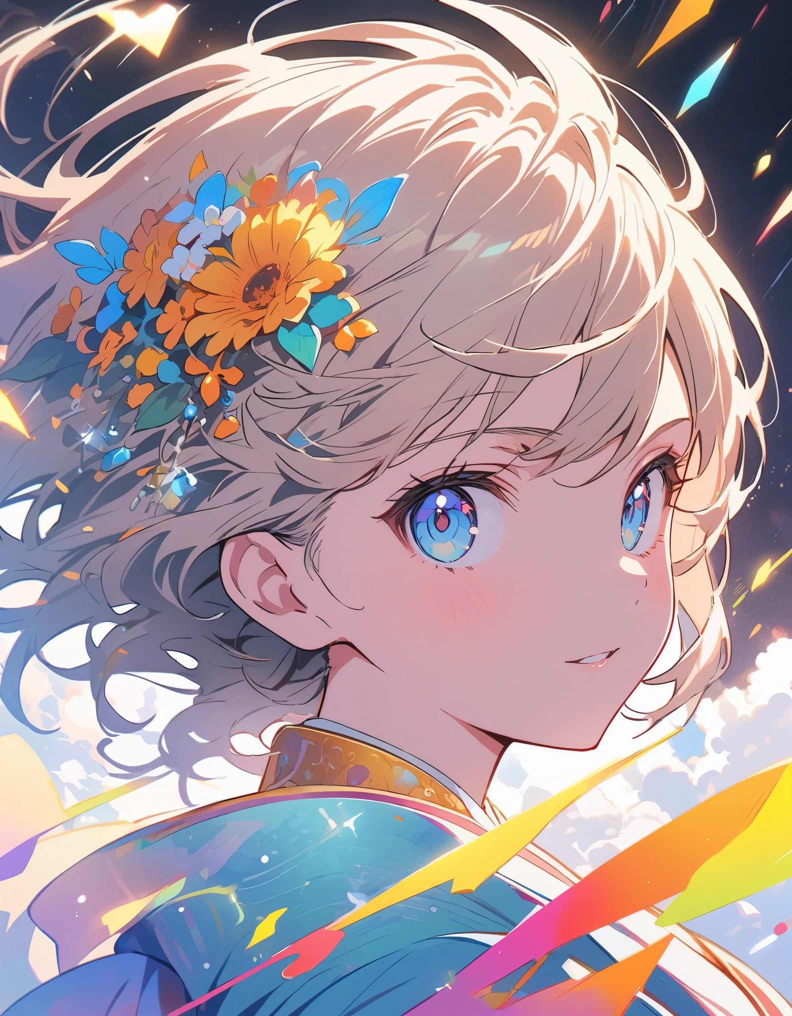 A high-quality hologram trading card depicting an anime-style girl, with glitter, mother-of-pearl, and a black background around the card, clear coloring, and colorful、(highest quality、masterpiece、High resolution、detailed)、animeスタイル、Flat Style、(Beautiful Eyes, Delicate and beautiful face, ),  BREAK,extremely detailed、(The Shining), Best lighting, Best Shadow、floating, (High saturation), (Shine), Focus on the face, Dynamic Angle、anime