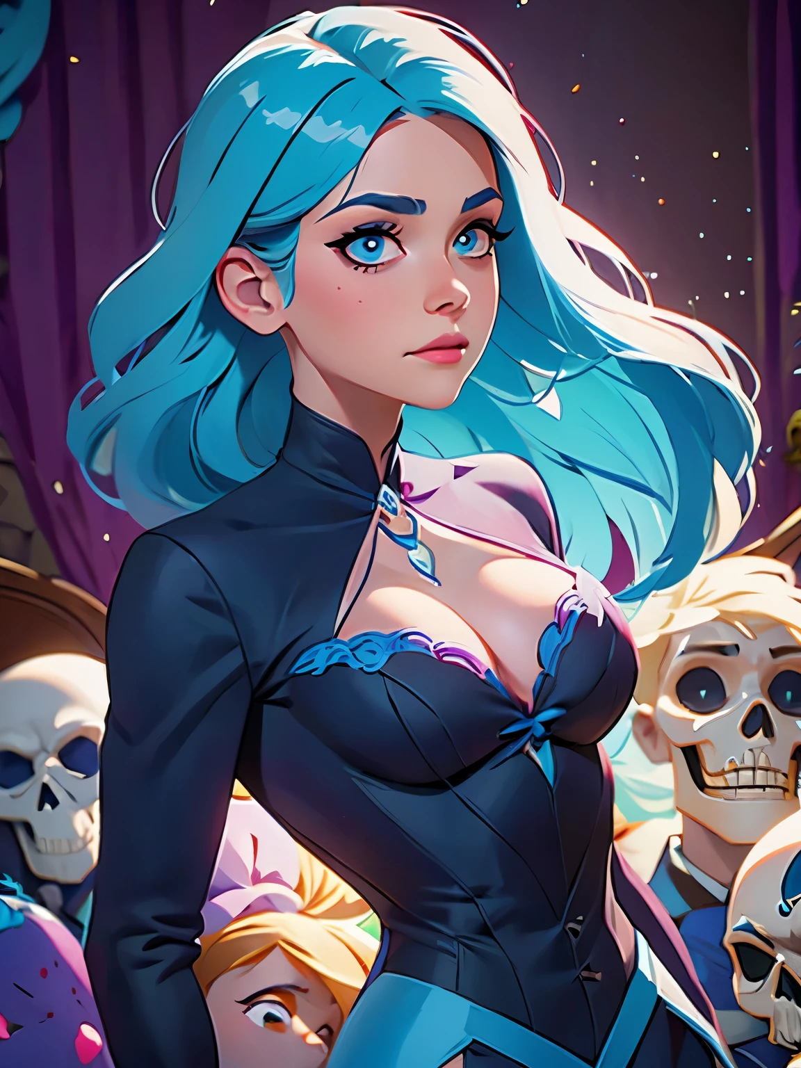 a drawing of a woman with blue hair and a skull on her chest, jen bartel, lois van baarle and rossdraws, blue diamond, glowing blue face, :: rossdraws, rossdraws cartoon vibrant, rhads and lois van baarle, rossdraws 2. 0, rossdraws 1. 0, rossdraws 2. 5