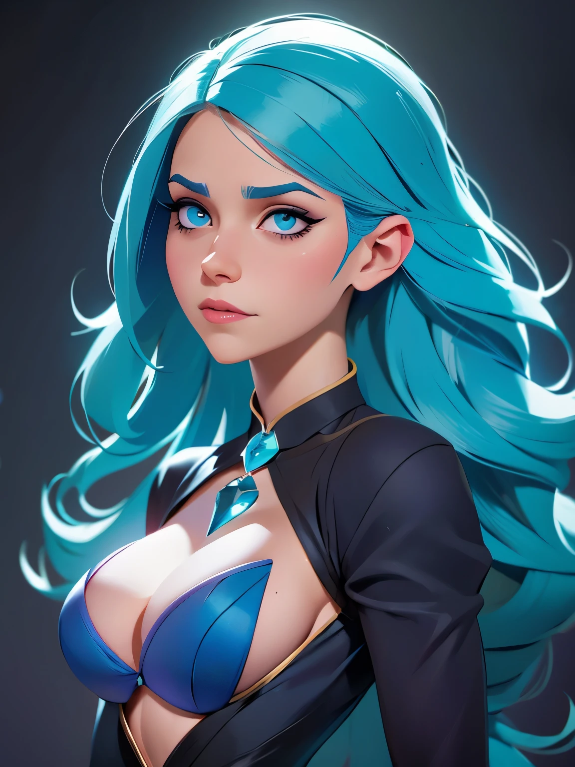 a drawing of a woman with blue hair and a skull on her chest, concept art inspired by Lois van Baarle, Artstation, fantasy art, jen bartel, lois van baarle and rossdraws, blue diamond, glowing blue face, :: rossdraws, rossdraws cartoon vibrant, rhads and lois van baarle, rossdraws 2. 0