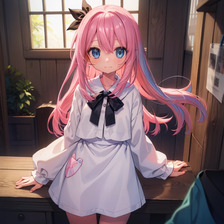 Beautiful illustrations, highest quality, (-yeld gi、Cute  girl,、(Chino shorts with tunic layers)、Tunics are white、Chino shorts are pink、Thighs visible through the gap in shorts、Thigh Gap、 Beautiful Blue Eyes, Cinema Lighting,smile,(Long pink hair)、back of headの編み込み、back of head１2 large black ribbons