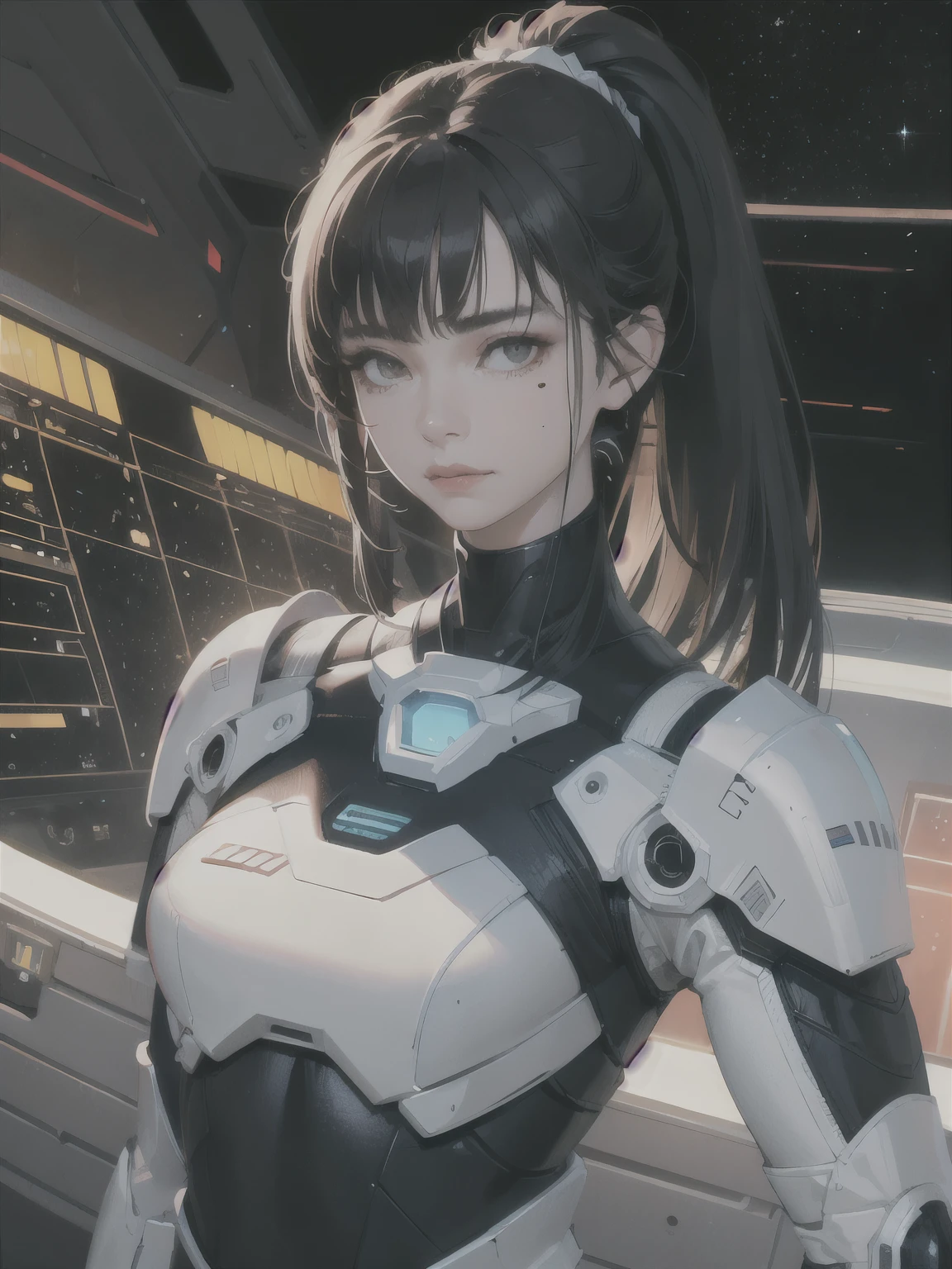 (highest resolution, distinct_image), best quality, depiction thick, face, upper body, masterpiece, semi-realistic, black uniform, plug suit, spaceship space, control room, commander, black hair, short ponytail, mole under eye, tareme, naughty face, cinematic lighting, Futurism, UHD, anatomically correct, high quality, high details