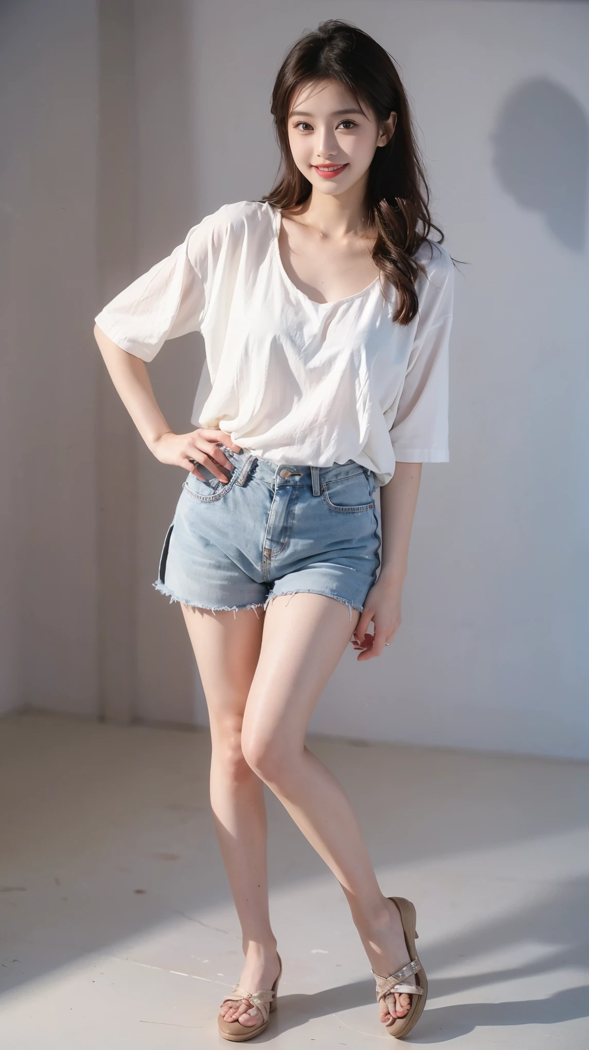 highest quality,masterpiece,Ultra-high resolution,Original photo,Ultra-high resolution,Beautiful woman 25 years old woman'Fashion that was popular in the 1990s,Long legs:1.5,Shorts,Full Body,Flashy makeup using red eyeshadow,Big smile,Short cut with subtle side waves,Gray background,