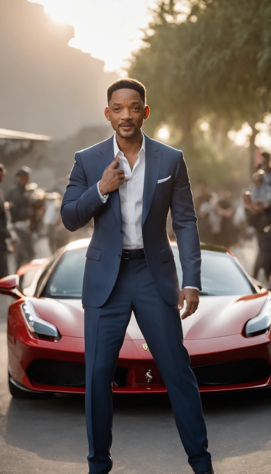 movie「Bat Boys II」So、High-resolution images emerge of Will Smith getting out of his Ferrari looking confident and enthusiastic.。Masterpiece imagery with intricate facial details、Slight wrinkles around the eyes、A clear curve of the nose、Reveals small lines at the corners of the mouth、It creates a real atmosphere。The setting is a seaside road、The sun sets behind me、Water sparkles in the distance、Casts a long, dramatic shadow。With a gun in one hand,Will Smith in a cool suit、Standing in front of the Ferrari。