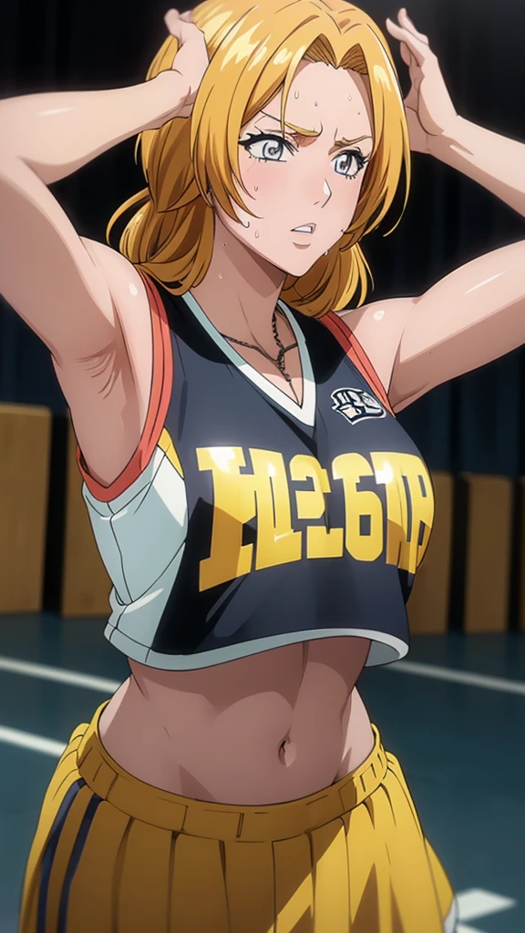 a close up of a person wearing a basketball uniform, a picture, inspired by Kentaro Miura, trending on pixiv, Rangiku Matsumoto, Bleach, wearing yellow nba jersey, yellow croptop nba jersey, wearing a low cut croptop, wearing croptop, croptop, the words "Lakers" written on the croptop, golden raito, (winking), shirobako, large, favorite scene, fine details. anime. skins, sweating, big breasts, both hands raised, armpits, armpits visible, dripping with sweat, more more sweat, sweaty armpits