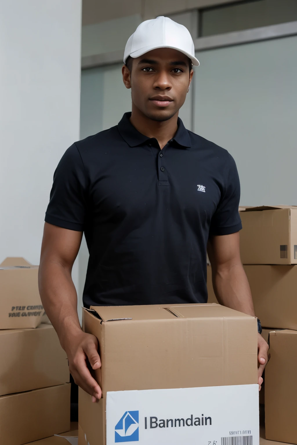 Create a realistic image of a dark-skinned Brazilian man with short hair in a company working showing a box in his hand and wearing a cap and plain blue polo shirt seen from the front 