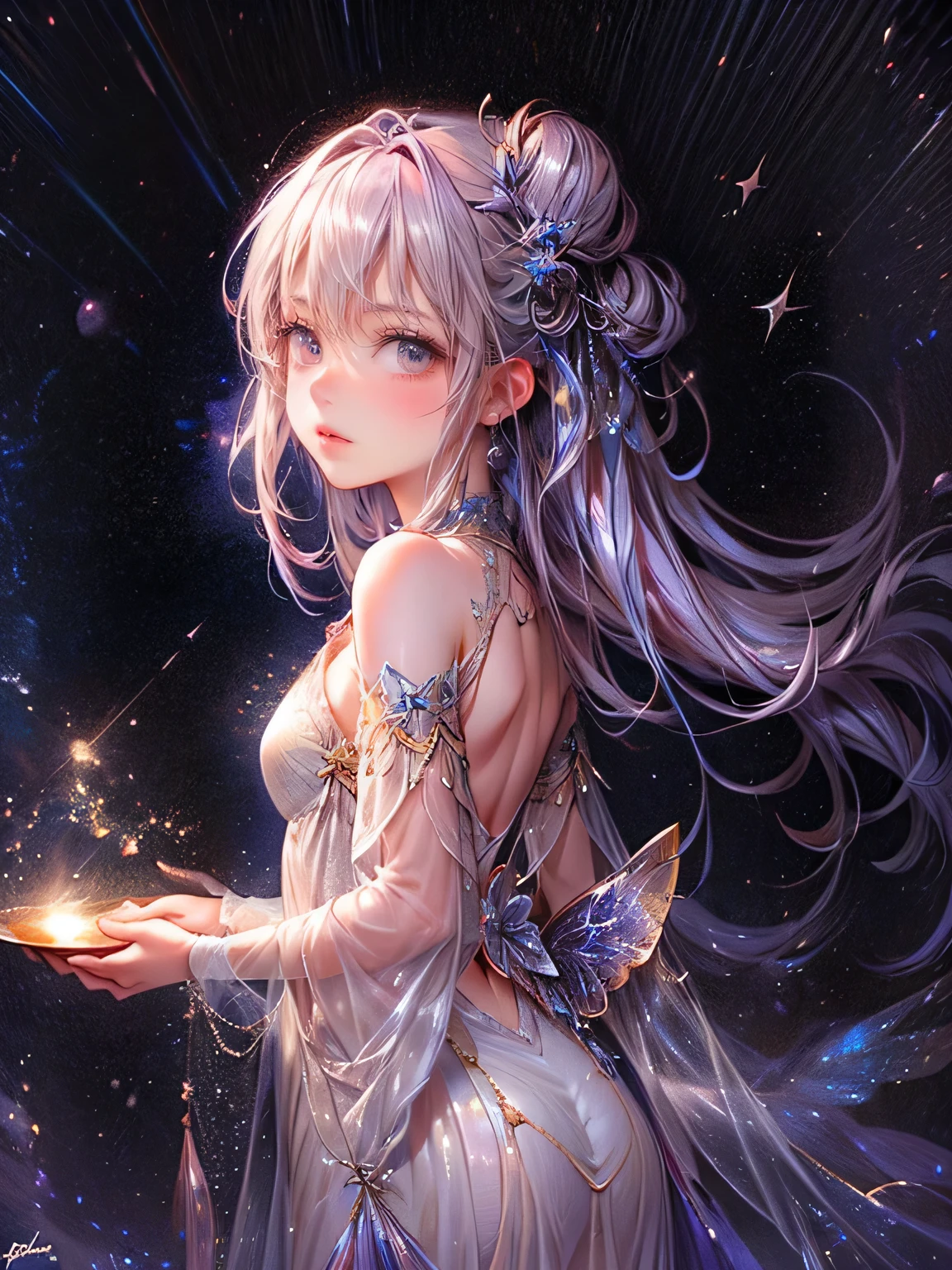 octans,Star Fairy,燦めくStars in the night sky,milky way,transparent bowl gown dress(flowing),beautiful delicate(Stars in the night sky,hair,face,eyes,lips,skin,clothes),sparkling eyes,bright rosy lips,view from behind