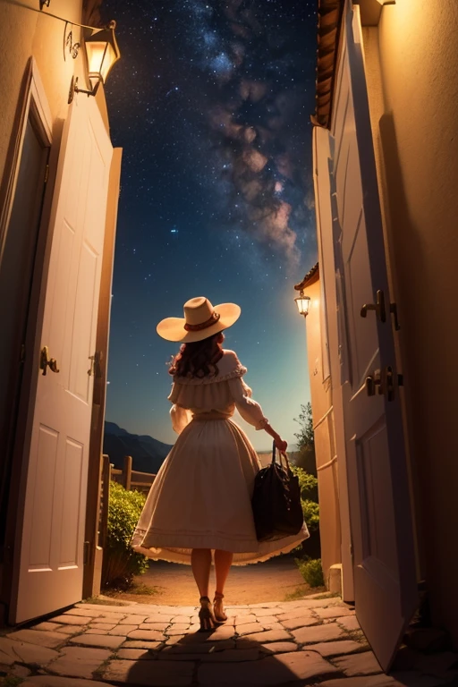 Una mujer apuntando con la mano y mirando al cielo a una estrella fugaz pasando ,montando un caballo, vestida como vaquera ,en medio del campo en la noche