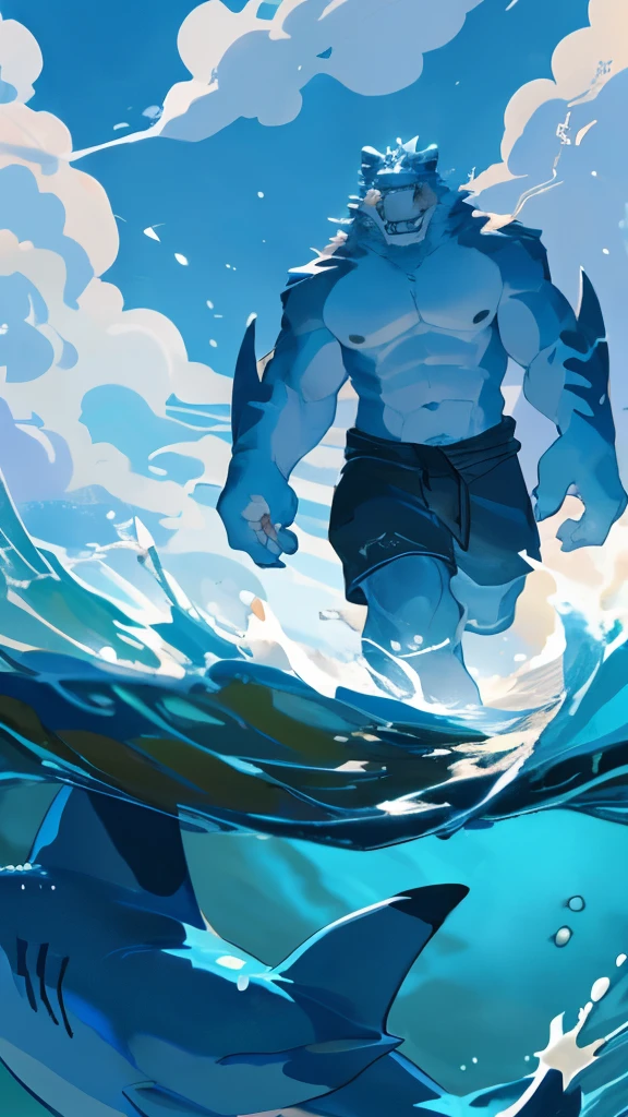 Blue Coast: a breathtaking, high-definition scene filled with the vibrant hues of the ocean. The sun casts a warm golden glow over the water, reflecting off the shimmering waves. In the distance, the ominous silhouette of a finless shark emerges, its muscular body slicing through the water with ease. The shark's aqua blue eyes seem to pierce through the depths, surveying its surroundings with a dangerous and predatory intent. The air carries an electric charge, as the saltwater carries whispers of past encounters with the beast. By MilkyTiger1145, by Takemoto Arashi, by Null-G