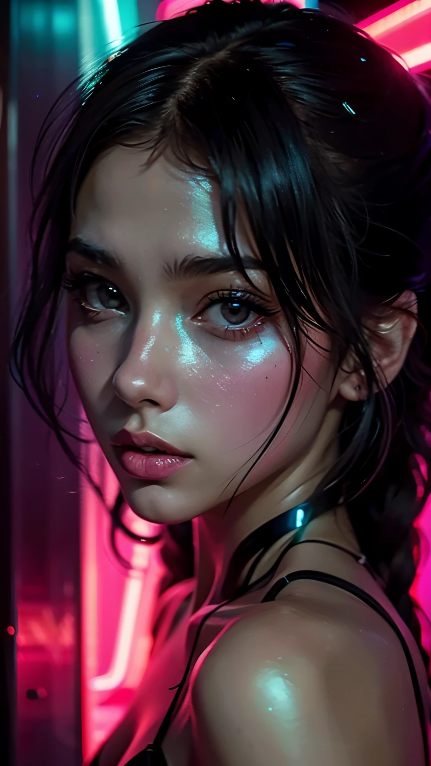 Arafi woman in bikini poses in front of Neon, Neon and Dark, glowing neon lights, glowing neon lights skin, Portrait of a girl with light waves, Neon, Neon, subtle Neoning, Brilliant D'colored light, Neoning, Gorgeous cyberpunk light, Neon night, glow of Neons, soft neon atmosphere, Neon Cyberpunk Highlights, with Neons