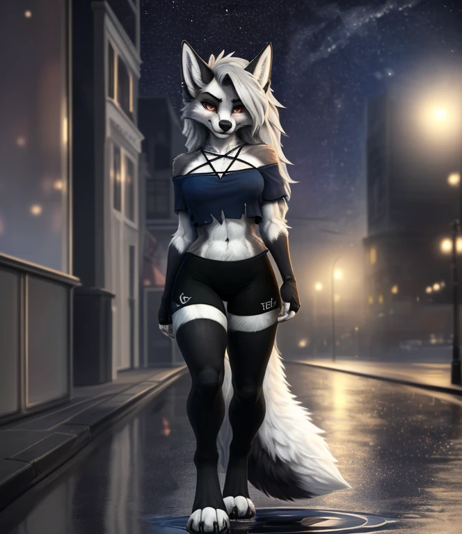 [loona], [Uploaded to e621.net; (Pixelsketcher), (foxovh), (fluffkevlar], ((masterpiece)), ((solo portrait)), ((full body)), ((front view)), ((feet visible)), ((furry; anthro fox)), ((detailed fur)), ((intricate details)), ((detailed shading)), ((beautiful render art)), {anthro; white fur, black nose, long grey hair, (beautiful white eyes with red pupils), (smug smirk), (angry), (head tilt), (curvy hips), (small boobs), (defined muscles), (beautiful legs), (beautiful paw feet), (black claws)}, {(grey off-shoulder top), (pentagram on chest), (spandex torn black yoga shorts), (fingerless gloves), (midriff), (black thigh highs), (black toeless socks)}, {(walking), (looking ahead)}, [background; (street), (rain), (reflective puddle), (full moon), (starry sky)]