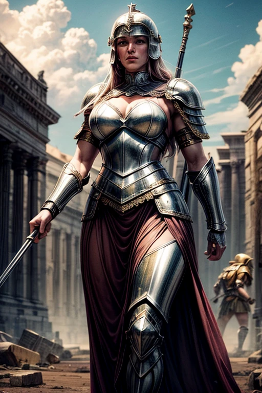 Anchient Roman Goddess, full armor, helmet, muscular, cinematic, battlefield scene