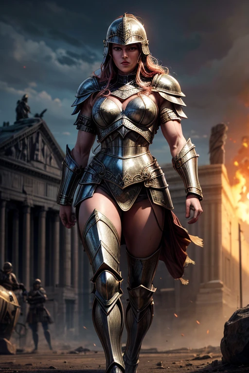 Anchient Roman Goddess, full armor, helmet, muscular, cinematic, battlefield scene