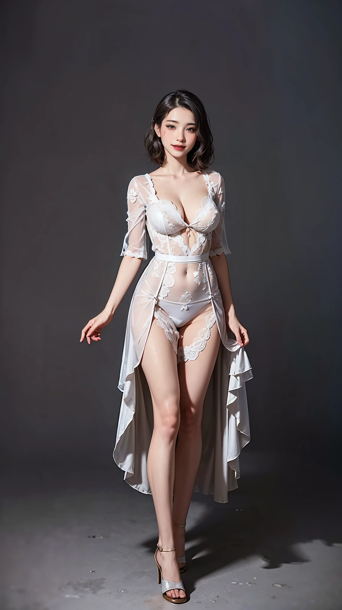 highest quality,masterpiece,Ultra-high resolution,Original photo,Ultra-high resolution,Beautiful woman 25 years old woman,British fashion in 1900,dress,Full Body,high waist,Flashy makeup using red eyeshadow,Big smile,Short cut with subtle side waves,whole body,Gray background,