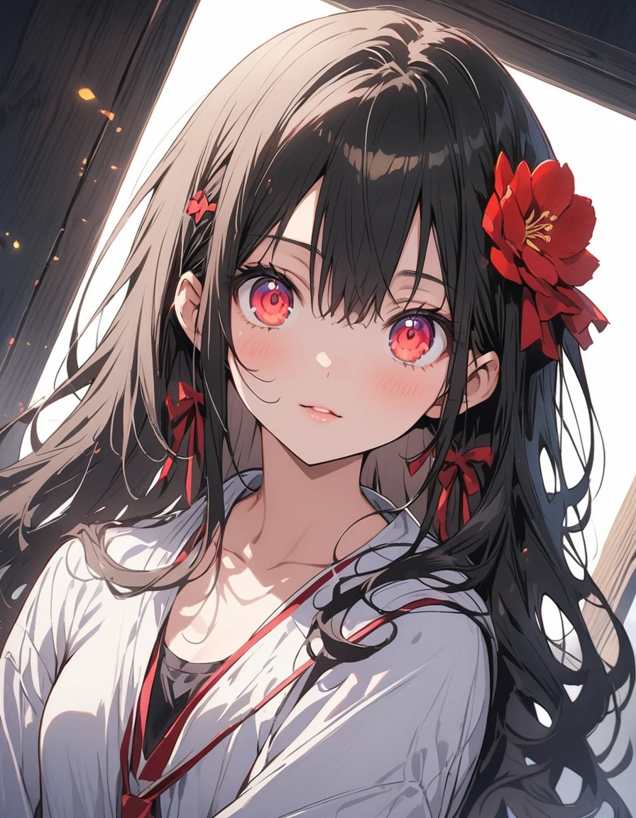 animeの女の子, , detailedな肌, Very small breasts, Black Hair, 非常にdetailed, 8kの非常にdetailedな顔, perfect face shape, Perfect Lips, Perfect Nose, Correct beautiful eyes, White shirt, Hair Flowers, masterpiece, (highest quality、masterpiece、High resolution、detailed)、animeスタイル、Flat Style、(Shining Eyes、detailed美しい顔), BREAK, No bra, No panties, alone、extremely detailed、High saturation、Dynamic Angle、anime