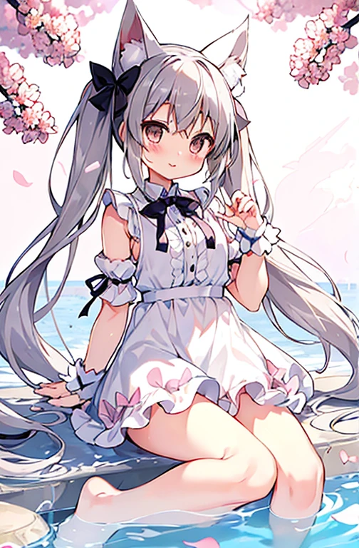 (Without shoes:1.3)、[(White Background:1.35)::0.25]、(Bottle bottom:0.9)、Mid Shot、Whole Body Ezbian、Floral、Floating Petals、Stone fragments、Beautiful detailed water、cloud、sun、evening、sunset、、(solo: 1.2)、(Masseter muscle area)、(highest quality)、(Highly detailed CG Unity 8k wallpaper)、(High resolution)、(Best background details: 1.26)、(Best character details: 1.36)、(pastel) (curly):1.35)、about、1 girl、(Gray Hair:1.2)、Grey Eyes、Cat ears、(Cat-loving woman:1.1)、Eyes Hair、((Low Twintails))、length、Hair Ribbon、hair ornaments、bow tie、fur trimmed dress、((Blanche:1.2) thigh:1.3)、、Awareness-raising、accumulation、table、Floral、bow、Bans、wood、Frills、length-sleeve、bow tie、Pink Flower、Mouth closed、shirt、Outdoor、Pink ribbon、Grass is overgrown、Yellow ribbon、Saucer、[(Floating Island:1.2、cloud)::5]