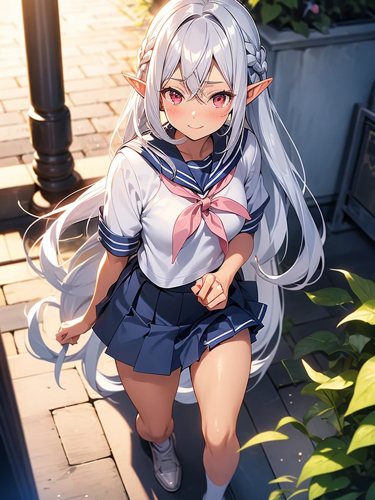 An elf woman, very dark tanned skin, beautiful silver hair, tied back, pointed ears, beautiful red eyes, pink lips, looking at the viewer, shy face, cheerful smile, masterpiece , short-sleeved sailor uniform, knee-length navy blue skirt, white knee socks, shoes, cute pose, in front of the school gate