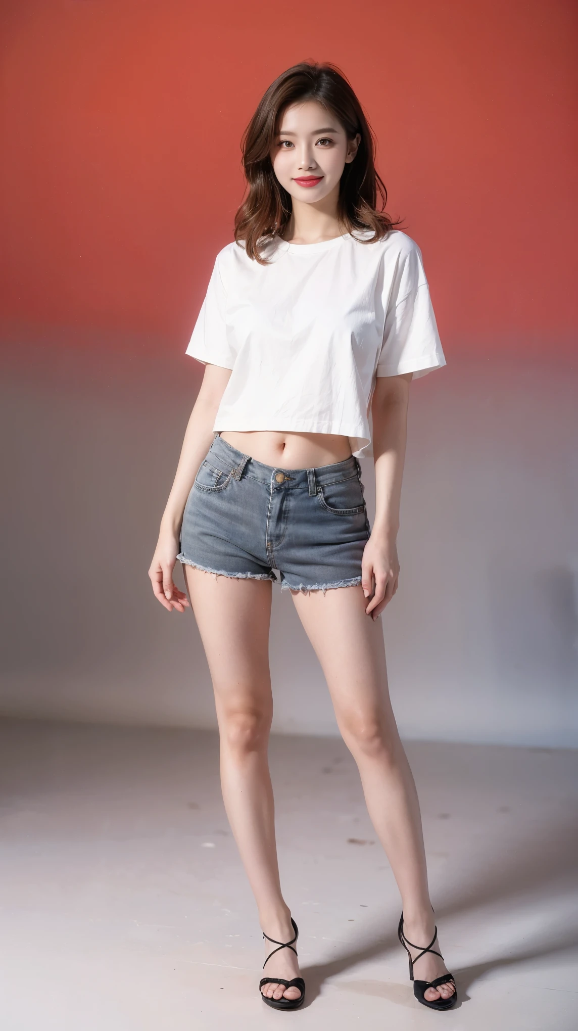highest quality,masterpiece,Ultra-high resolution,Original photo,Ultra-high resolution，Beautiful woman 25 years old woman&#39;Fashion that was popular in the 1990s，Long legs:1.5，Shorts，Full Body，Flashy makeup using red eyeshadow，Big smile，Short cut with subtle side waves，Gray background，