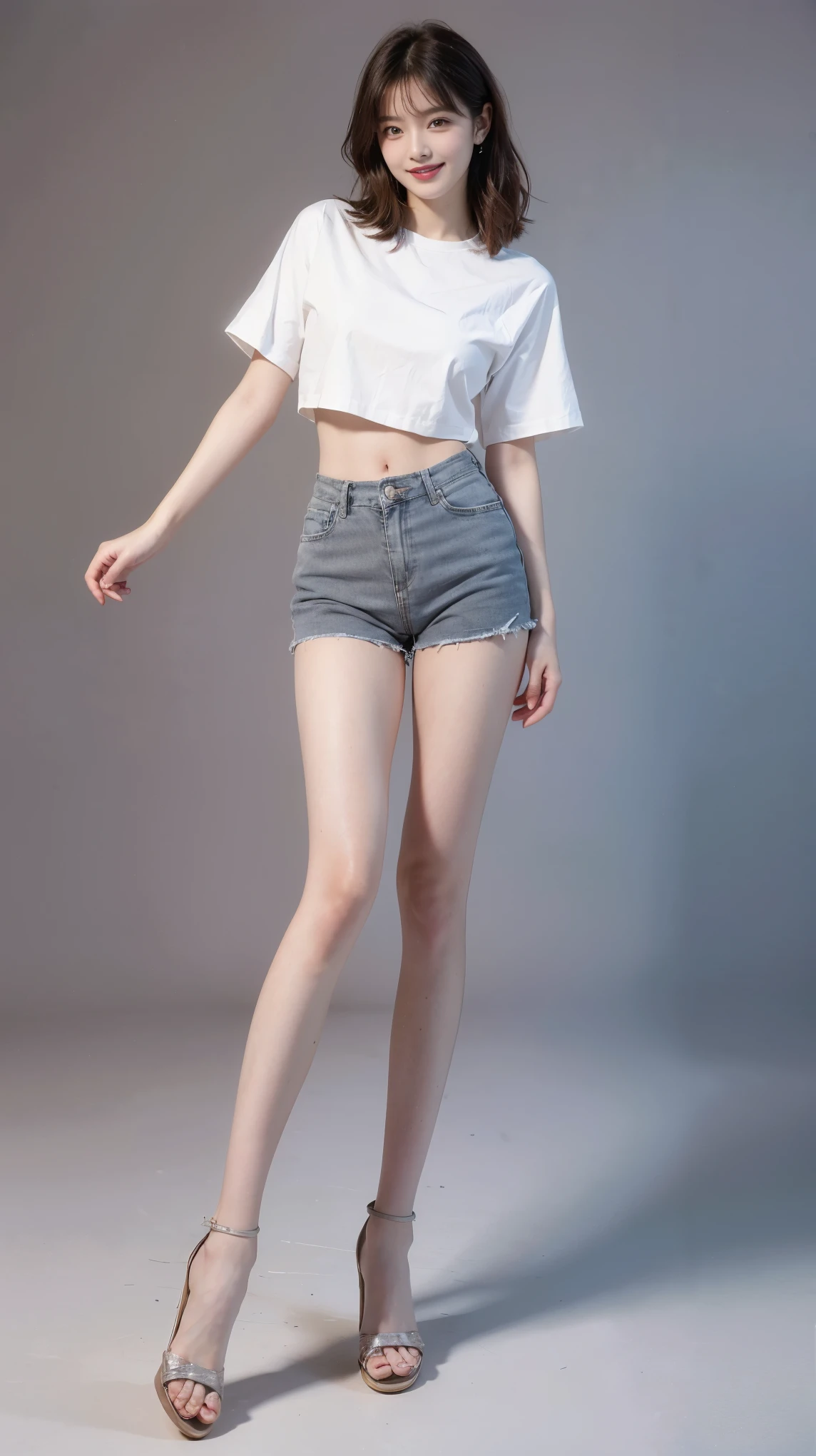 highest quality,masterpiece,Ultra-high resolution,Original photo,Ultra-high resolution,Beautiful woman 25 years old woman'Fashion that was popular in the 1990s,Long legs:1.5,Shorts,Full Body,Flashy makeup using red eyeshadow,Big smile,Short cut with subtle side waves,Gray background,