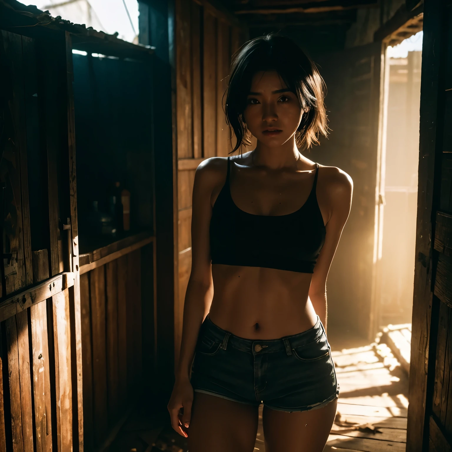 wearing very short sexy hotpants, moist dark tanning sweaty skin face & body, cinematic mood, dramatic daylight lighting & shadows, gritty atmosphere,4K, perfect scenery, rustic slum area, she sweats a lot