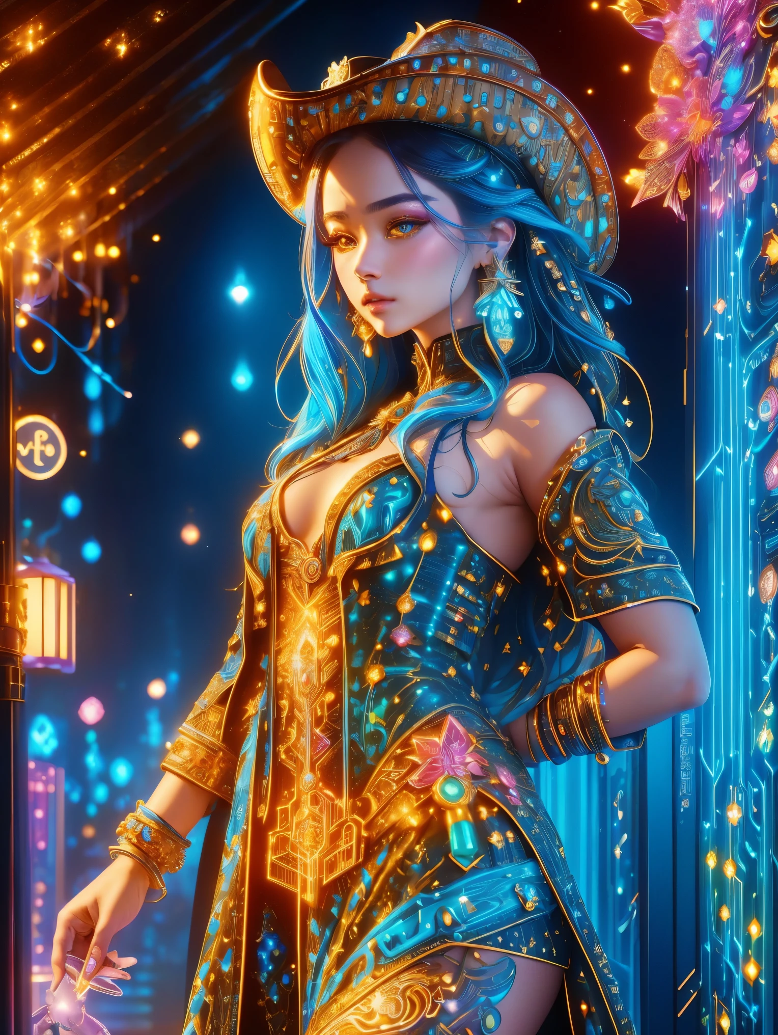 (Neon),Circuit Board,(1girl:1.3),(Beautiful Girl:1.2),Extremely detailed,(Fractal Art:1.2),Colorful,The most detailed,(zentangle Neon:1.2),(Dynamic poses),(Neon几何背景:1.5),(Red Wedding Dress:1.2),(Glowing skin),(Many colors:1.4),Dark Magic,(Magical shape,Face highlighting),fashionable,Texture,Light and Shadow Art,Sunshine on the face,Cardamom age,(Exquisite and perfect demeanor:1.3),(dream),(cowboy shot:1.8), (Ultra HD, masterpiece, precise, Anatomically correct, textured skin, High Detail, high quality, The award-winning, 8k)