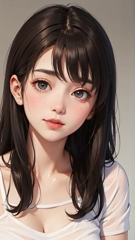 Blushing lightly and smiling, (Top quality masterpiece:1.2) Delicate illustrations, Very detailed, /Beautiful woman Japan in her 30s、1 person,Very cute and slim、Excellent style 、((8K images、super high quality))、Very delicate face, Skin and Hair、beautiful forehead、Red lipstick,(((((Long Cut、Gradient Hair、Brown Hair))))),Very cute Japanese cut face、Eyes and nose are clearly visible、Kind eyes,(((White shirt、A little sheer underwear)))、Hotel Rooms
