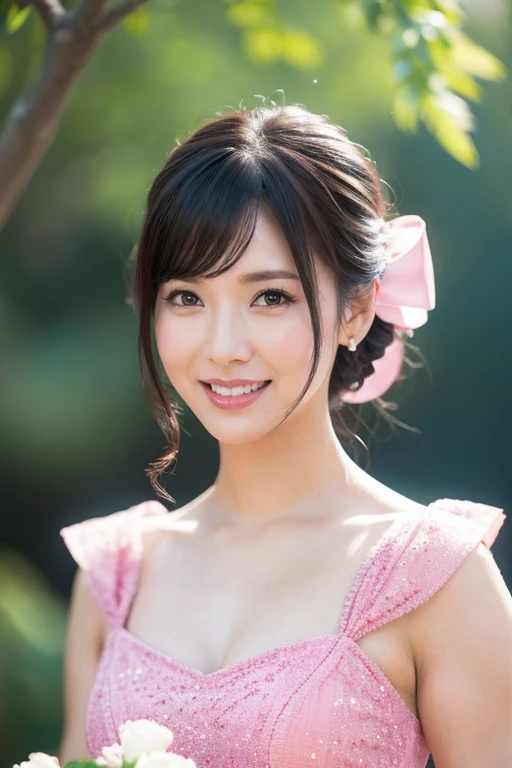 Medium View, Medium Shot, Written boundary depth, bust, Upper Body, Cinematic Angles, masterpiece, highest quality, Very detailed, cg, 8K Wallpaper, Beautiful Face, Delicate eyes, Otome, alone, smile, bangs, have,pink dot colored dresses, bow, petal, bouquet