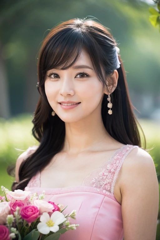 Medium View, Medium Shot, Written boundary depth, bust, Upper Body, Cinematic Angles, masterpiece, highest quality, Very detailed, cg, 8K Wallpaper, Beautiful Face, Delicate eyes, Otome, alone, smile, bangs, have,pink dot colored dresses, bow, petal, bouquet