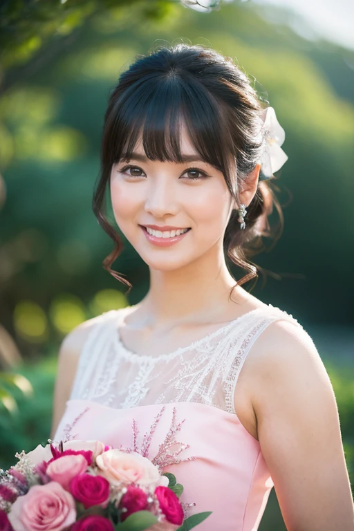 Medium View, Medium Shot, Written boundary depth, bust, Upper Body, Cinematic Angles, masterpiece, highest quality, Very detailed, cg, 8K Wallpaper, Beautiful Face, Delicate eyes, Otome, alone, smile, bangs, have,pink dot colored dresses, bow, petal, bouquet