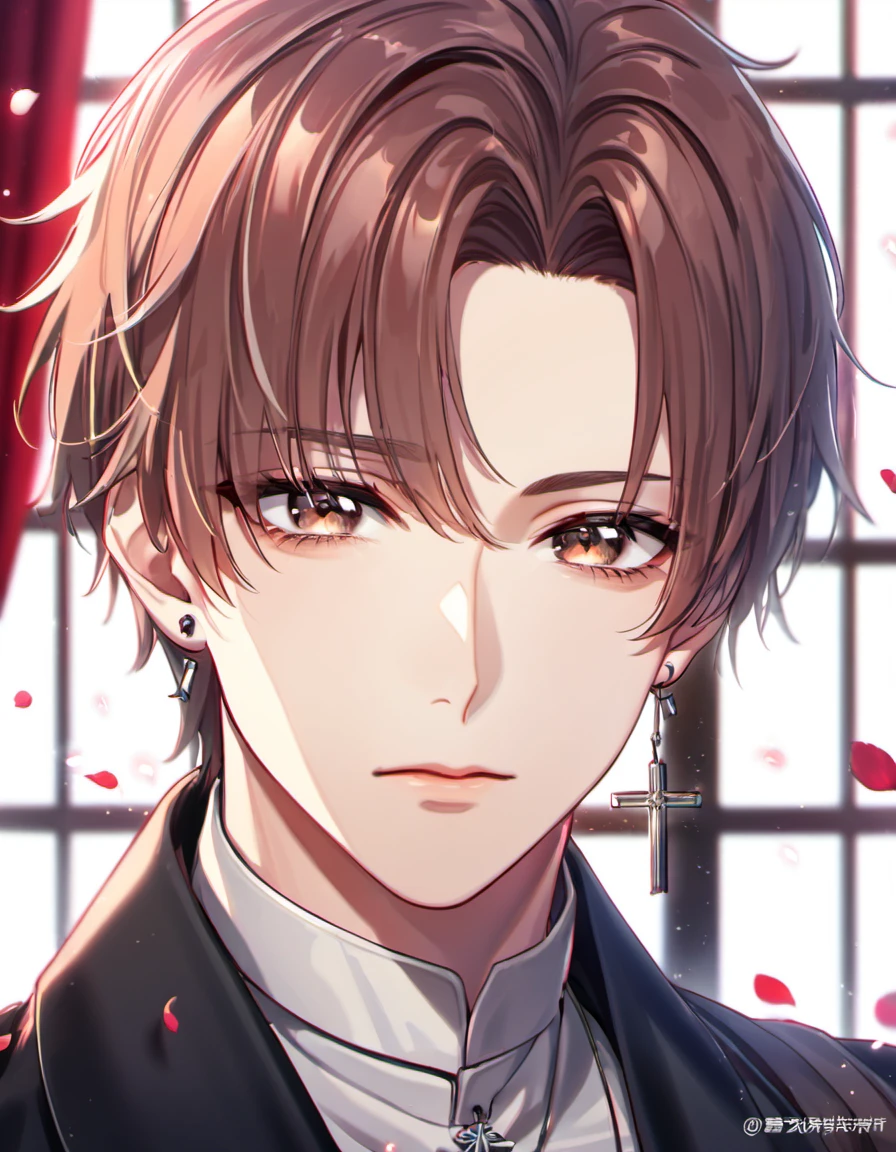 absurdres, highres, ultra detailed, HDR, master piece, best quality, perfect face, delicate features, beautiful eyes, Giou Yuki, pink-brown hair, without bangs, expressive brown eyes, Uragiri wa boku no namae wo shitteiru, solo, man, handsome, black coat, cross necklace, black gloves, silver earring, window, red curtains, petals