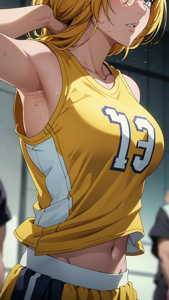 a close up of a person wearing a basketball uniform, a picture, inspired by Kentaro Miura, trending on pixiv, Rangiku Matsumoto, Bleach, wearing yellow nba jersey, yellow croptop nba jersey, wearing a low cut croptop, wearing croptop, croptop, the words "Lakers" written on the croptop, golden raito, (winking), shirobako, large, favorite scene, fine details. anime. skins, sweating, big breasts, both hands raised, armpits, armpits visible, dripping with sweat, more more sweat, sweaty armpits, nipples hard.