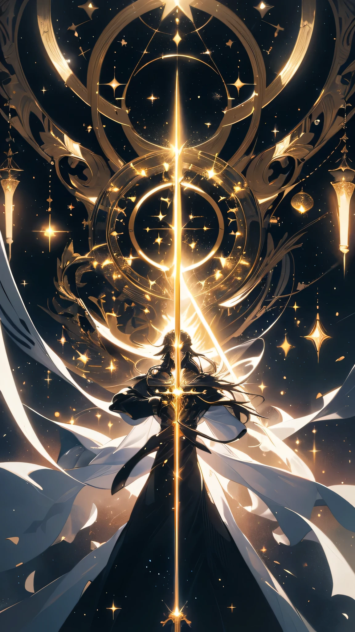 ability user, magic user, celestial, stars, moon, illuminated golden eyes, golden eyes, bright golden eyes, brown hair, long hair, long white cape, and golden robes, black gloves, high collar with golden button, holding a weapon, holding a sword, ((( setting with sword mounts, low light and leaks))), {extremely detailed 16k CG unit wallpaper}, expansive landscape photography, (a view from below with focus on character and setting), ( wide open field view), (low angle shot), (high light: 1.2), (low light: 1.8), (warm light source: 1.2), complex details, (iridescent colors: 1.5), (bright lighting ), (atmospheric lighting), dreamy, unique,