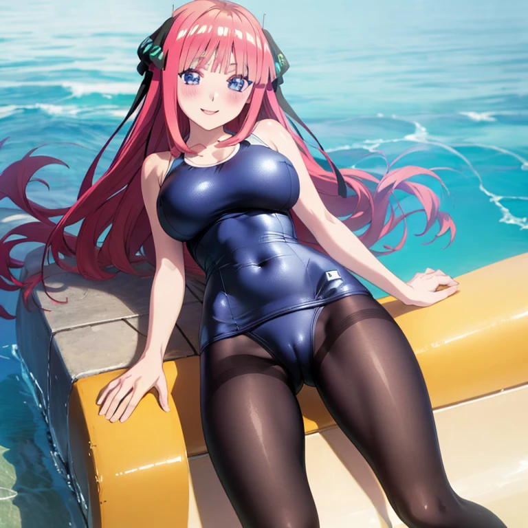 best quality, ultra-detailed masterpiece, anime art style, cute characters, nino nakano, one-piece swimsuit, large breasts, pantyhose, blush, smile, open legs