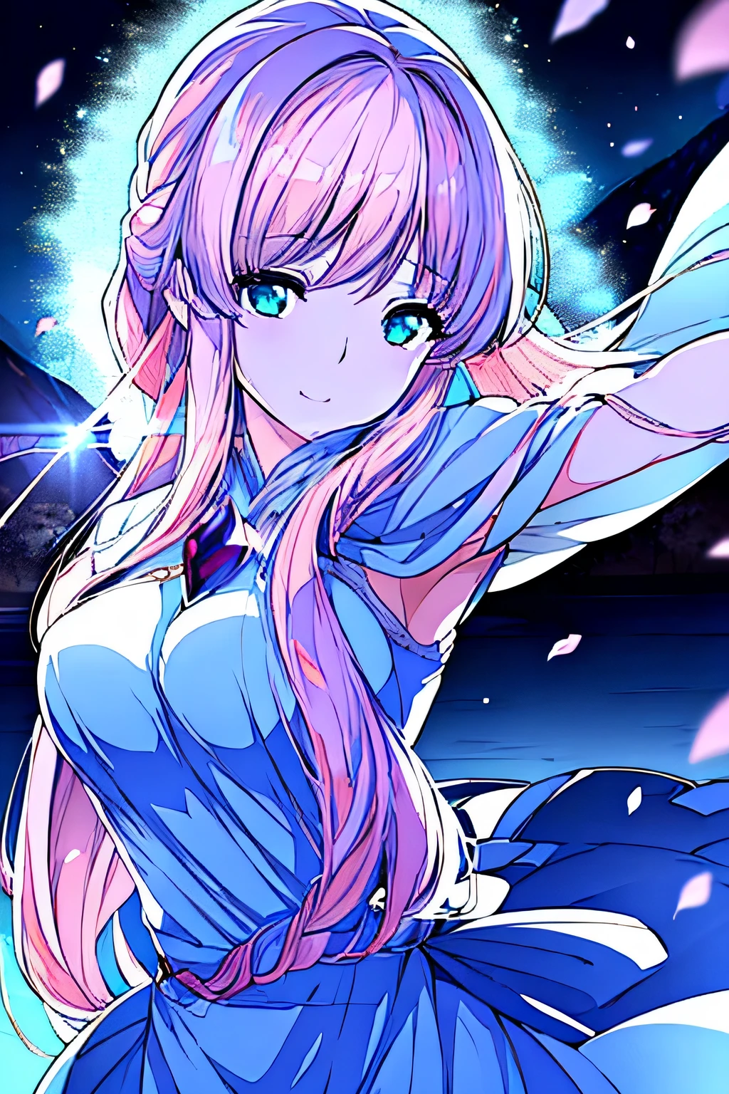  (logo、masterpiece、8k、table top、RAW photo、wonderful、最high quality、Photorealistic and hvery detailed CG integrated 8k wallpaper、high quality、very detailed、Narrative poem、particle effects、dynamic effects、written boundary depth、cinematic light、Lens flare、ray tracing)、fantasy、 (1 beautiful woman、light pink hair、beautiful face、real face、beautiful detailed eyes、beautiful skin、woman dancing gracefully:1.7、woman dancing gracefully:1.7)、Hair flutters in Wind、hair bouncey hair dances in the wind、hair jump、halter neck、leather pants、leather jacket、silver earrings、night、Wind、darkness、snow and hoarfrost、very cold winter day、snow-capped mountainや森、hoarfrost、snow-capped mountain々、The beauty and brilliance of frost-covered trees、Serenity and beauty meadow of ice and snow world、vast land、Lakeside、wonderful scenery、Beautiful natural wind scenery、night sky、Wind、cherry blossoms、cherry blossomsの花びらが舞っている、SakuraFubuki、falling petals