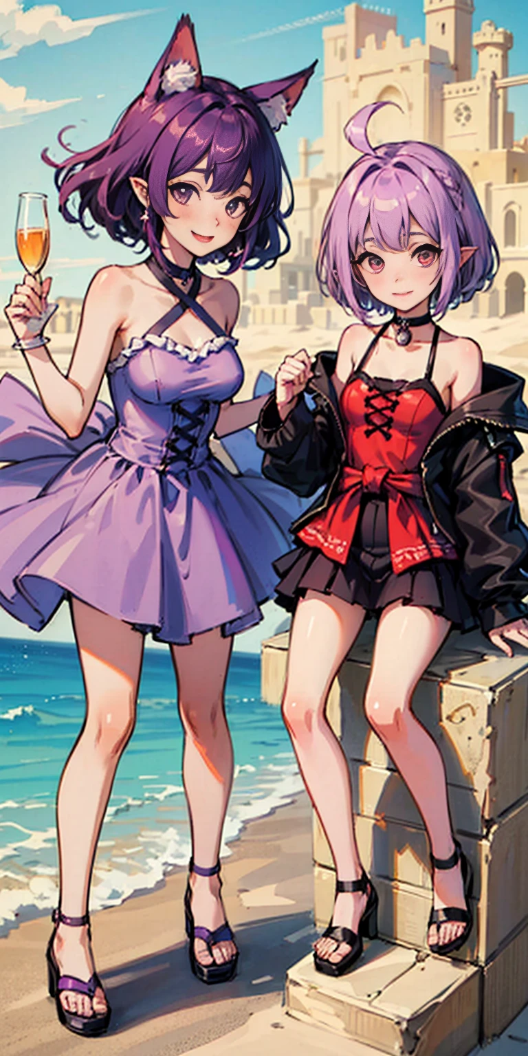 (Sherry, pointy ears, purple hair) (Roxanne, dog ears, dog tail) Both girls wear swimsuits, facing a cute viewer, a sand castle beach. She will build a sand castle. (( High image quality)), (((Top quality))), Smile, detailed face, perfect hands, pronounced breasts, small waist, long legs