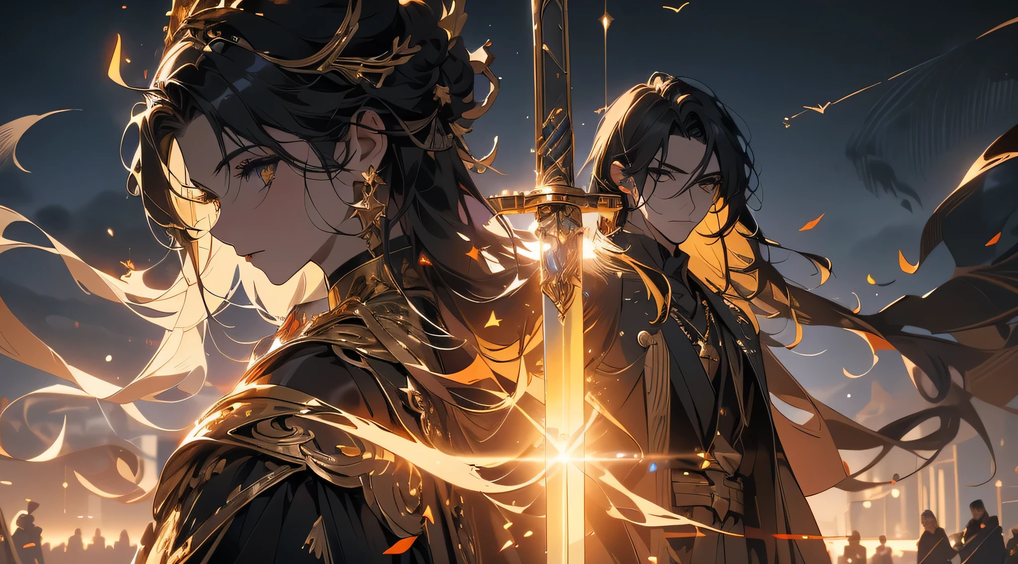 ability user, magic user, celestial, stars, moon, illuminated golden eyes, golden eyes, bright golden eyes, brown hair, long hair, long white cape, and golden robes, black gloves, high collar with golden button, holding a weapon, holding a sword, ((( setting with sword mounts, low light and leaks))), {extremely detailed 16k CG unit wallpaper}, expansive landscape photography, (a view from below with focus on character and setting), ( wide open field view), (low angle shot), (high light: 1.2), (low light: 1.8), (warm light source: 1.2), complex details, (iridescent colors: 1.5), (bright lighting ), (atmospheric lighting), dreamy, unique,