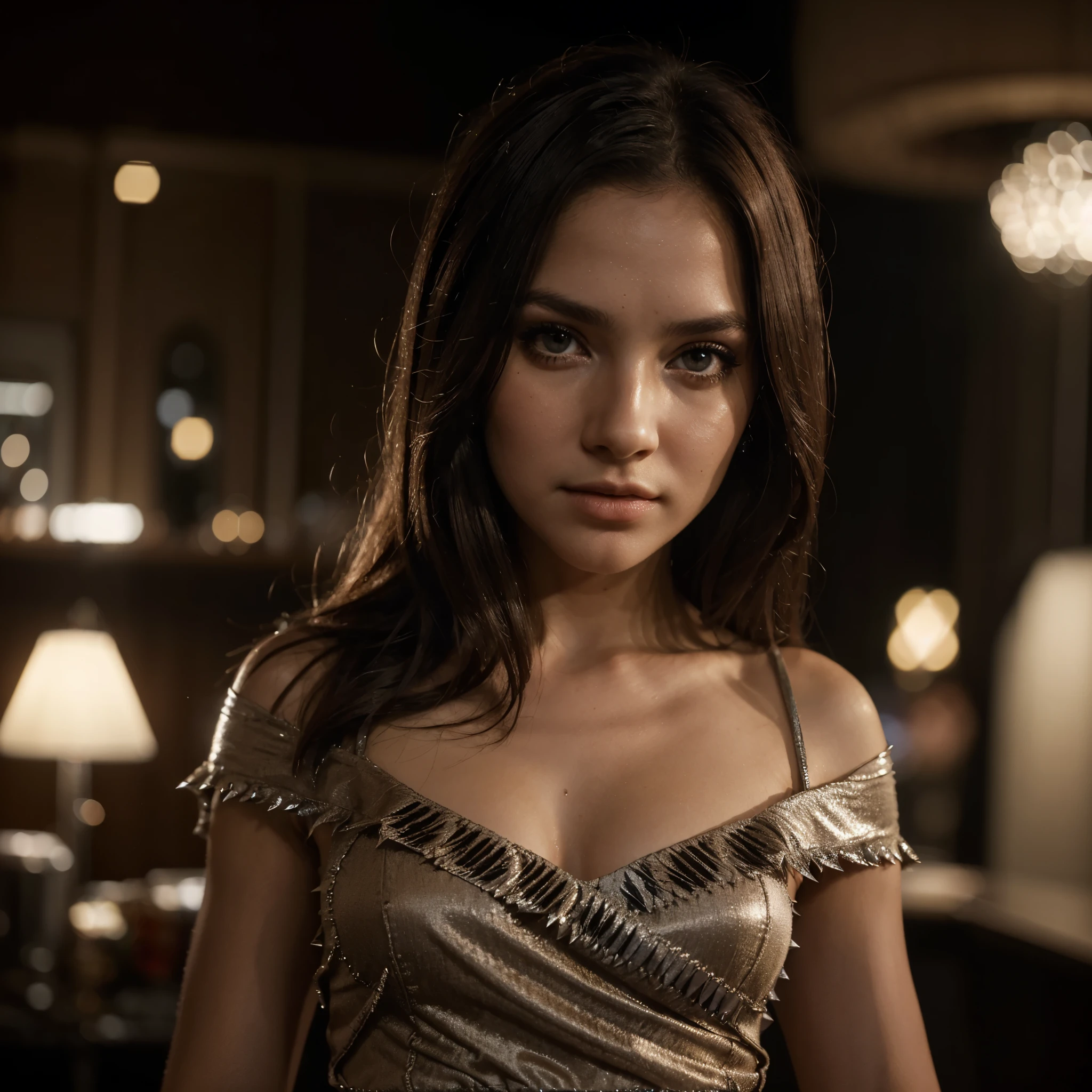 Best quality at best, tmasterpiece, A high resolution, 1个Giant Breast Girl,Chinese dress,hair adornments,choker necklace, jewely,pretty face,above_body, dingdall effect,realisticlying, dark studio, edge lit, two color lights,(highdetailskin:1.2), 8K uhd, SLR camera, gentlesoftlighting, high qulity, Volumetriclighting, Frankness, photore, A high resolution, 4K, 8K, bokeh
