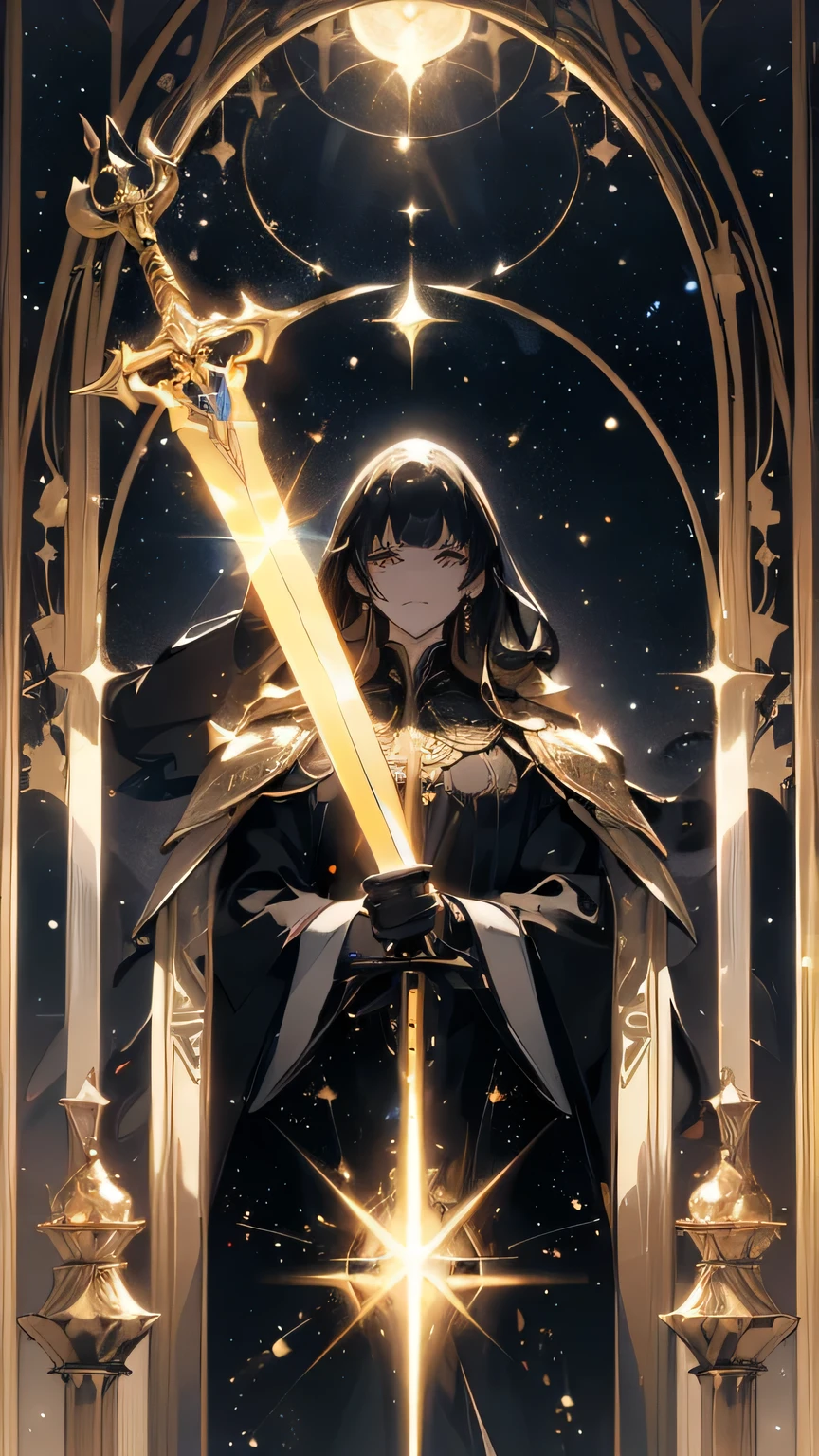 ability user, magic user, celestial, stars, moon, illuminated golden eyes, golden eyes, bright golden eyes, brown hair, long hair, long white cape, and golden robes, black gloves, high collar with golden button, holding a weapon, holding a sword, ((( setting with sword mounts, low light and leaks))), {extremely detailed 16k CG unit wallpaper}, expansive landscape photography, (a view from below with focus on character and setting), ( wide open field view), (low angle shot), (high light: 1.2), (low light: 1.8), (warm light source: 1.2), complex details, (iridescent colors: 1.5), (bright lighting ), (atmospheric lighting), dreamy, unique,