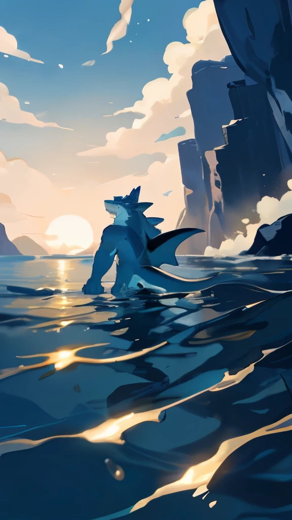 Blue Coast: a breathtaking, high-definition scene filled with the vibrant hues of the ocean. The sun casts a warm golden glow over the water, reflecting off the shimmering waves. In the distance, the ominous silhouette of a finless shark emerges, its muscular body slicing through the water with ease. The shark's aqua blue eyes seem to pierce through the depths, surveying its surroundings with a dangerous and predatory intent. The air carries an electric charge, as the saltwater carries whispers of past encounters with the beast. By MilkyTiger1145, by Takemoto Arashi, by Null-G