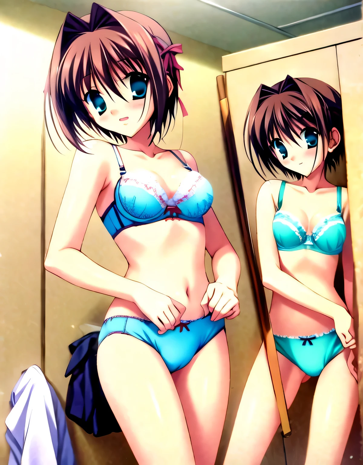 asakura_yume,Brown Hair,Medium Chest,Aqua Eye,White skin,underwear,bra,Are standing,locker room,