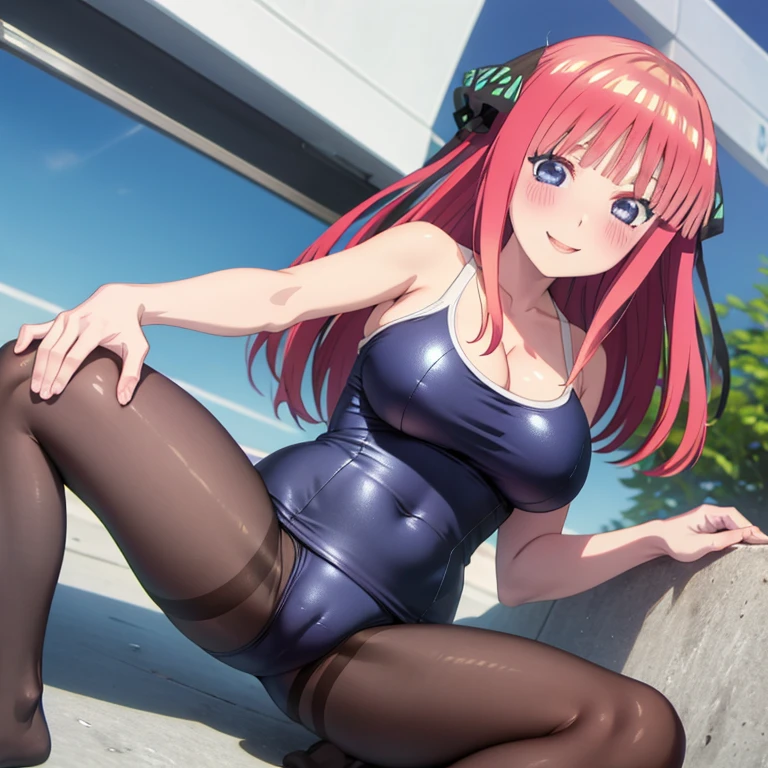 best quality, ultra-detailed masterpiece, anime art style, cute characters, nino nakano, one-piece swimsuit, large breasts, pantyhose, blush, smile, open legs