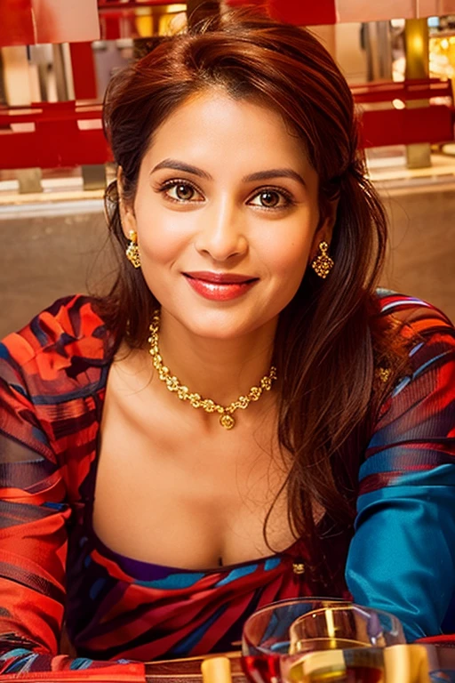 there is a woman standing in restaurant with a glass of wine, with a seductive smile, indian, with lovely look, indian goddess, traditional beauty, very attractive and beautiful, with an elegant smile, about 35 years old, 30 years old woman, 3 0 years old woman, cute seductive smile, lovely woman, candid picture, seductive lady