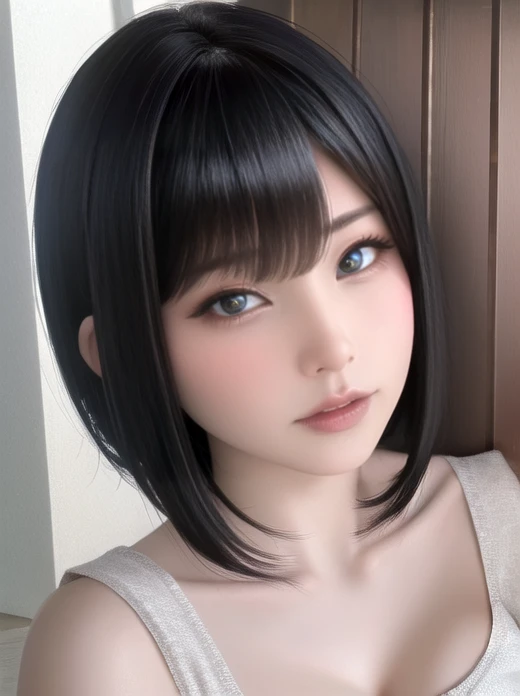 25 year old Japanese woman、Extremely detailed representation、masterpiece、最high quality、Best image quality,curvy、Beautiful breasts、Large Breasts、Hyperrealist portrait,(8k),Ultra-realistic,最high quality, high quality, High resolution, high quality texture,Attention to detail,Beautiful details,Beautiful adult super short bob hair、Short bob hair with rounded edges that follow the lines of the face、Black hair straight、sleek bangs、Bangs that cover one eye、She is wearing a pink mini pleated skirt、White sleeveless shirt、It fits perfectly to the body、Resting on a park bench、sweating、Refreshing look、whole bodyを描く、whole body