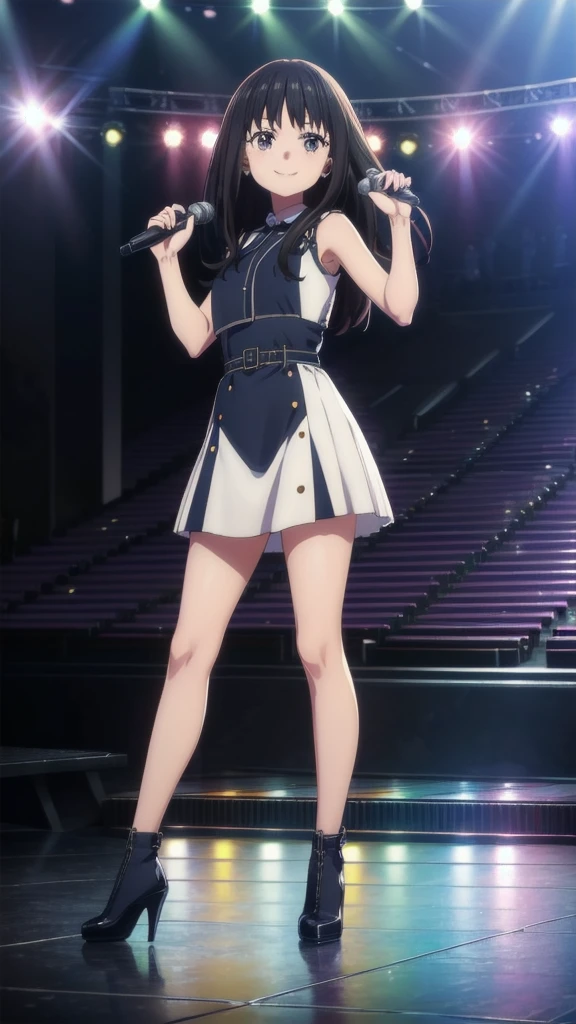 ((highest quality, 8K, Idol Master: 1.3, RAW photo)), sharp focus 1.1),Four noble sounds,alone, beautiful face, highly detailed face, purple eyes、silver straight long hair,purple hair band,highlight,small smile, (Idol Costume 1.5), concert hall, (show white lace panties:1.1), from the front, idol boots,whole body