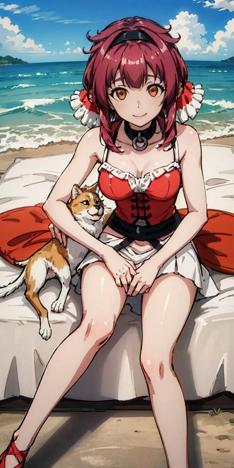 Roxanne, [[[dog ears]]], dog tail, large breasts, 2girls, looking at viewer, ((((sherry)))), hair_ornament, hair_tie, [[[[[elf ears]]]]], ocean view, (( High image quality)), (((Top quality))),　Smile, detailed face, perfect hands, pronounced breasts, small waist,  long legs, black_hairband, [large breasts]